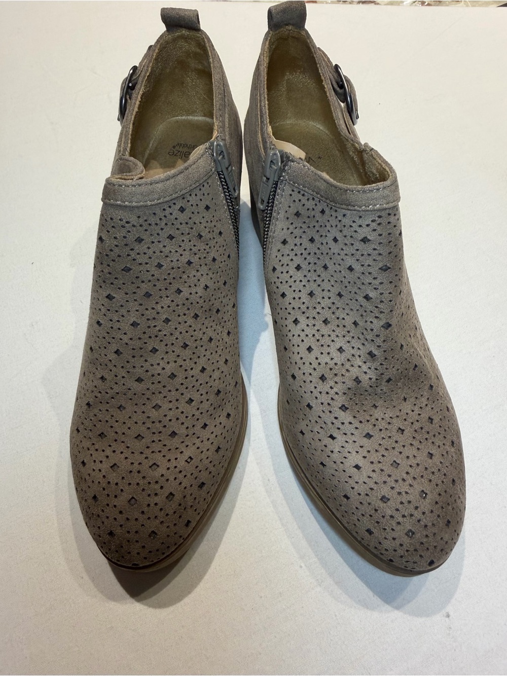 Sonoma Taupe Perforated Suede Ankle Booties with Buckle